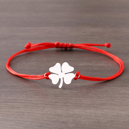 Lucky Four Leaf Clover Stainless Steel Bracelet in Black/Red