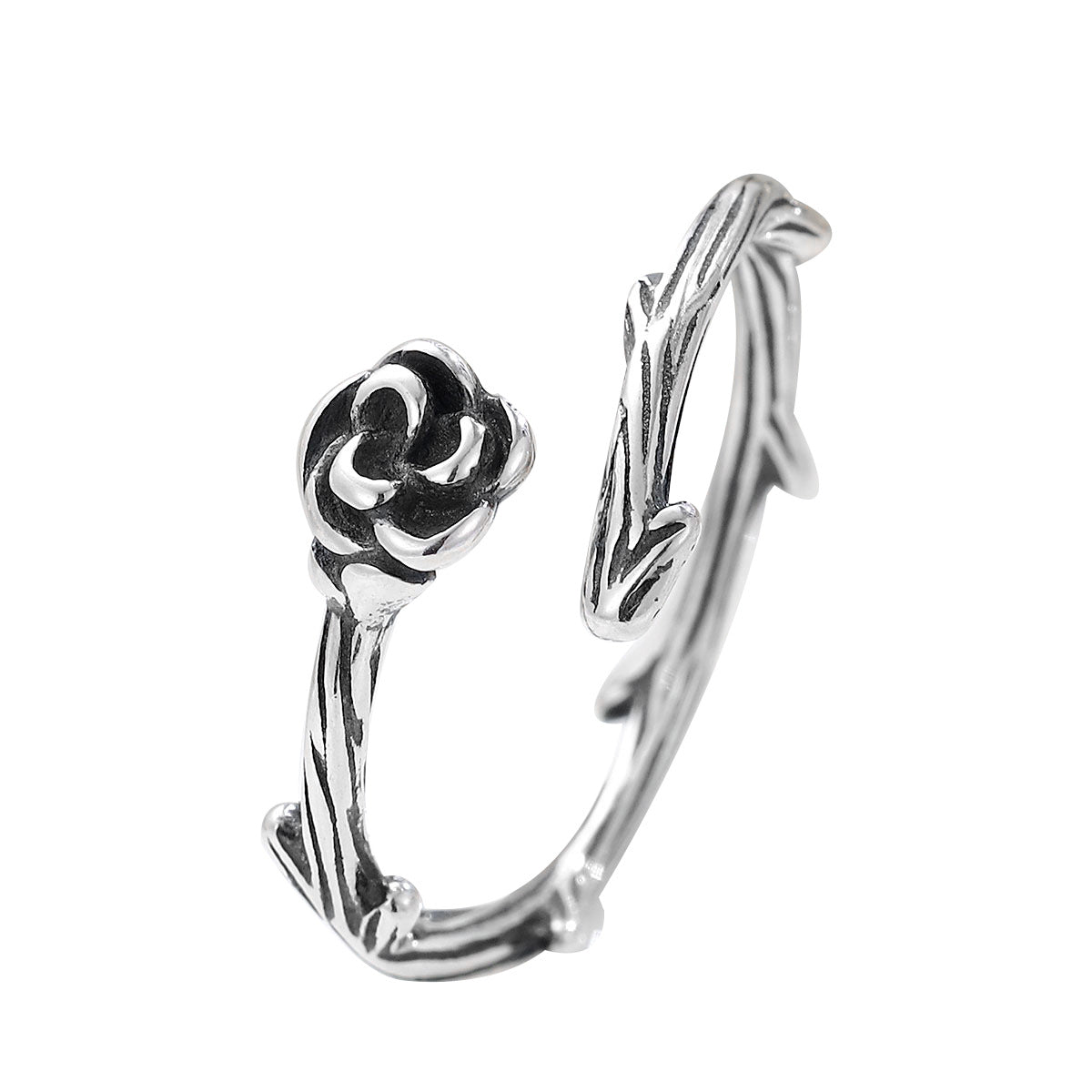 S925 Silver Vintage Rose Flower Open Ring for Women