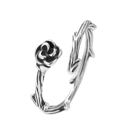 S925 Silver Vintage Rose Flower Open Ring for Women