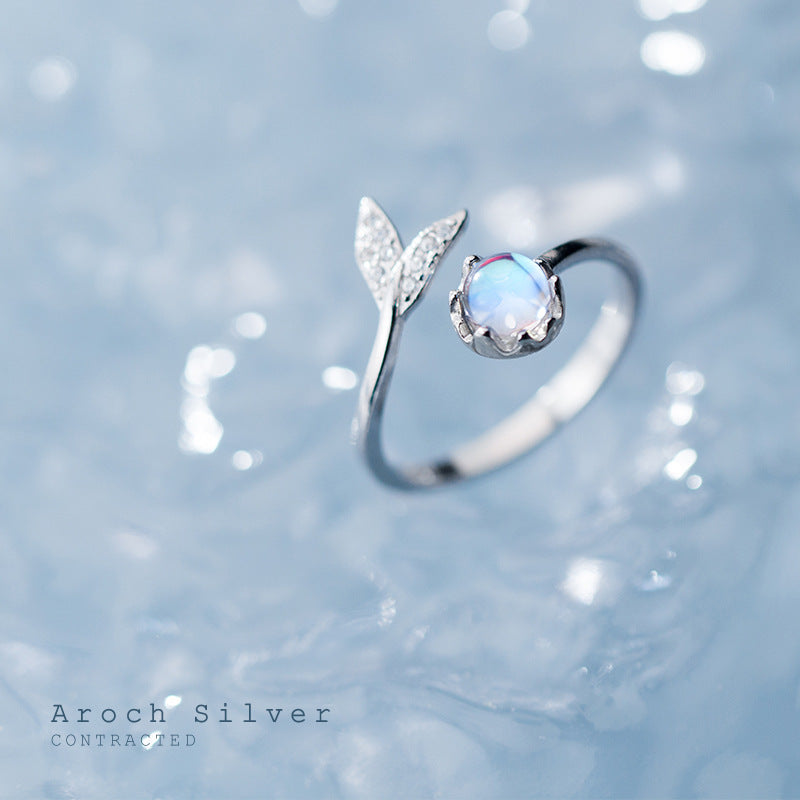 S925 Silver Adjustable Fish Tail Ring with Gems