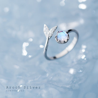 S925 Silver Adjustable Fish Tail Ring with Gems