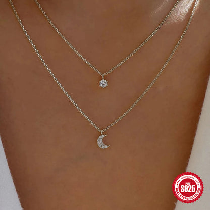 S925 Silver Double Layer Moon Necklace with Zirconia