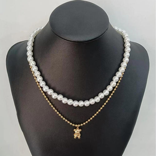 Trendy Layered Pearl Necklace with Bear Pendant