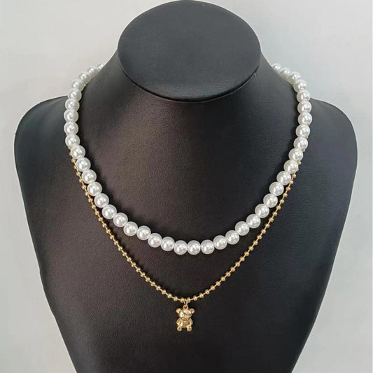 Trendy Layered Pearl Necklace with Bear Pendant