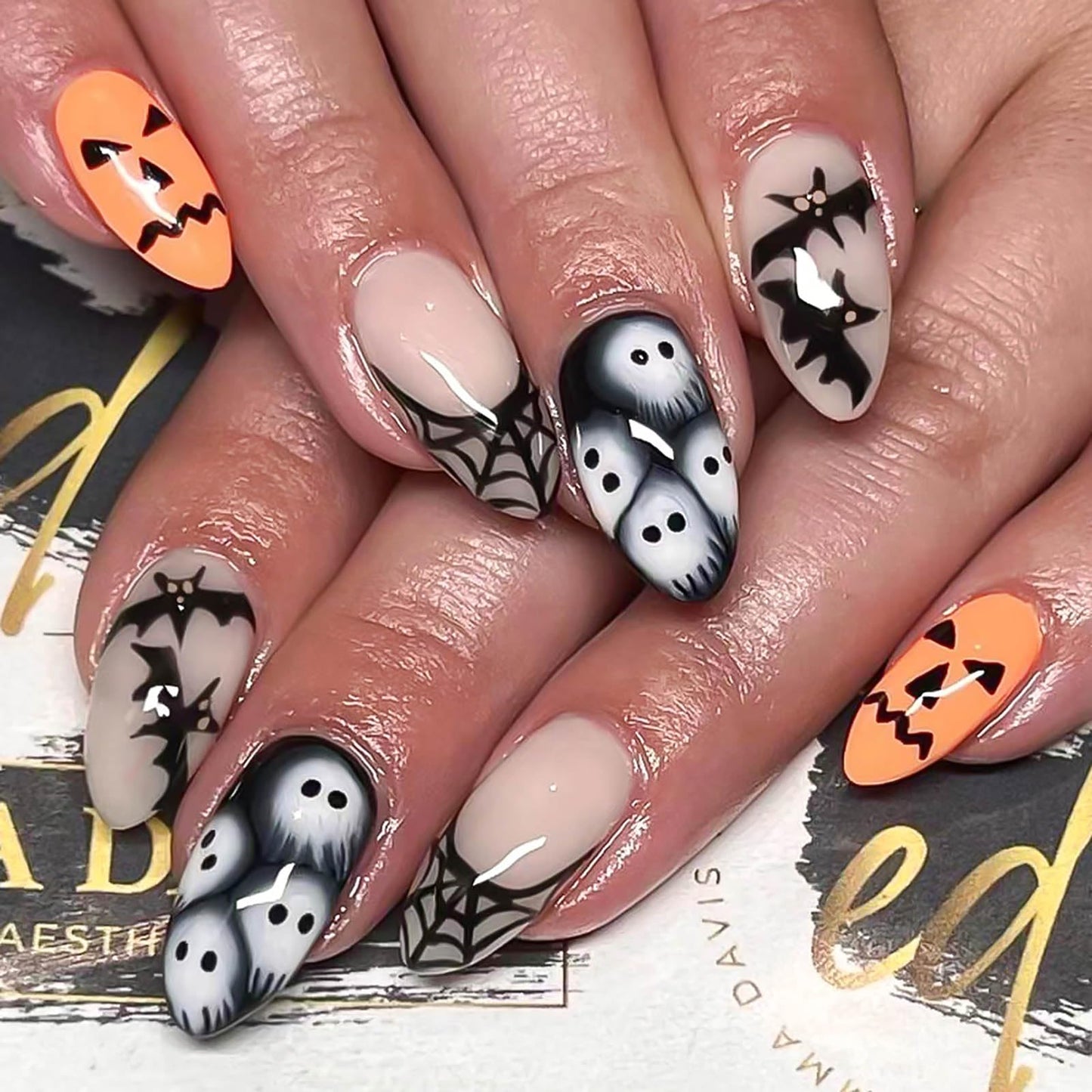RUOKEXIN Halloween Nail Press ons Almond Press on Nails Medium Fake Nails Black False Nails with Bat Designs Cute Ghost Artificial Nails Glossy Glue on Nails Holiday Stick on Nails for Women 24Pcs