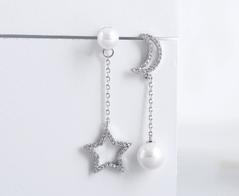 S925 Silver Asymmetric Star Moon Pearl Stud Earrings