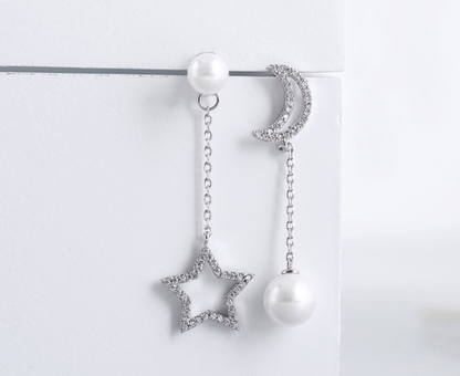 S925 Silver Asymmetric Star Moon Pearl Stud Earrings