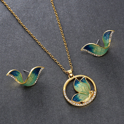Butterfly Earring and Necklace Pendant Set with Pearls