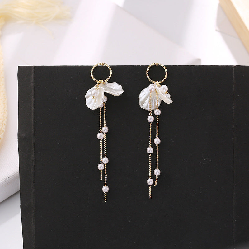 Korean Style S925 Silver Pearl Petal Tassel Earrings
