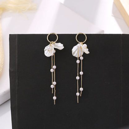Korean Style S925 Silver Pearl Petal Tassel Earrings