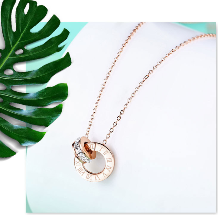18K Rose Gold Titanium Steel Diamond Ring Necklace
