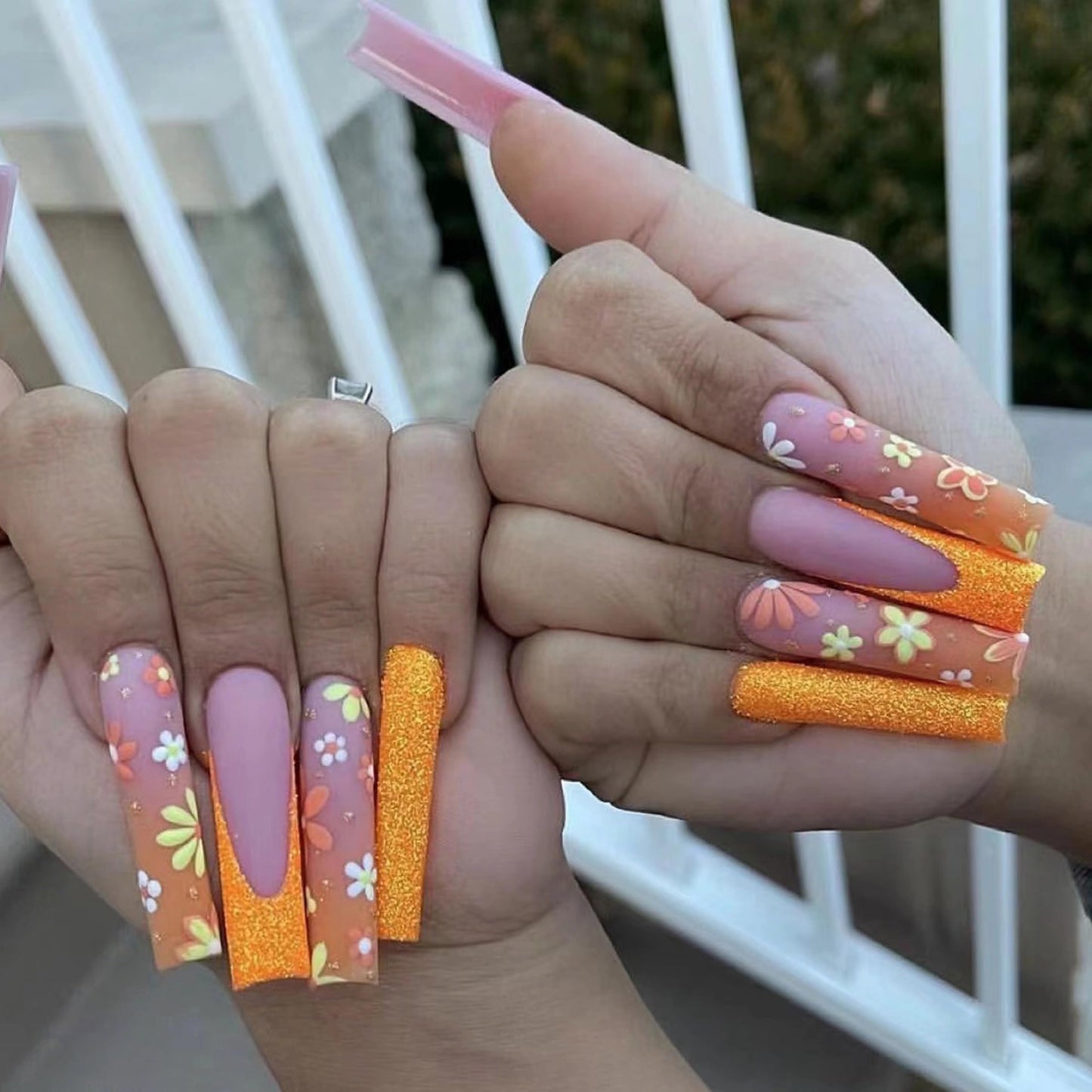 MERVF Long Press on Nails Square Fake Nails Press ons Orange Ombre French Tip Glue on Nails with Flower Design Acrylic Nails Neon Summer Squoval False Nails Matte 24pcs
