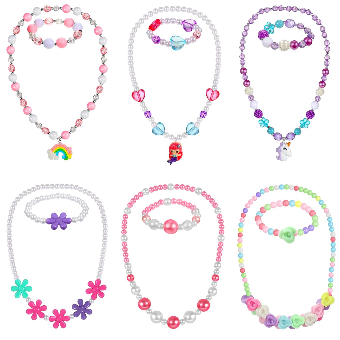 Sumind 6 Sets Play Jewelry for Little Girls Princess Necklace Bracelet Set Includes Kid Beaded Necklace Bracelet for Toddler Christmas Birthday Party Favors Cosplay(Mermaid Rainbow Style)