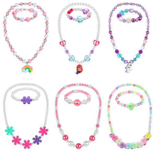 Sumind 6 Sets Play Jewelry for Little Girls Princess Necklace Bracelet Set Includes Kid Beaded Necklace Bracelet for Toddler Christmas Birthday Party Favors Cosplay(Mermaid Rainbow Style)