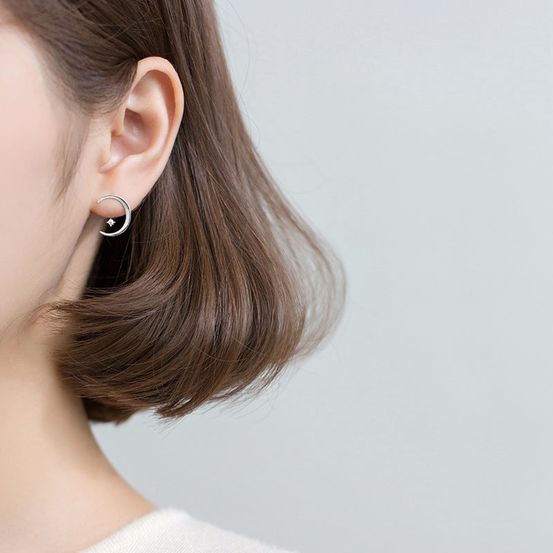 S925 Silver Earrings with Crescent Moon and Star Design