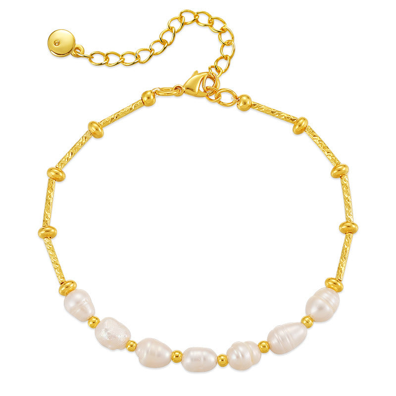 Gold Pearl Round Bead Copper Chain Necklace