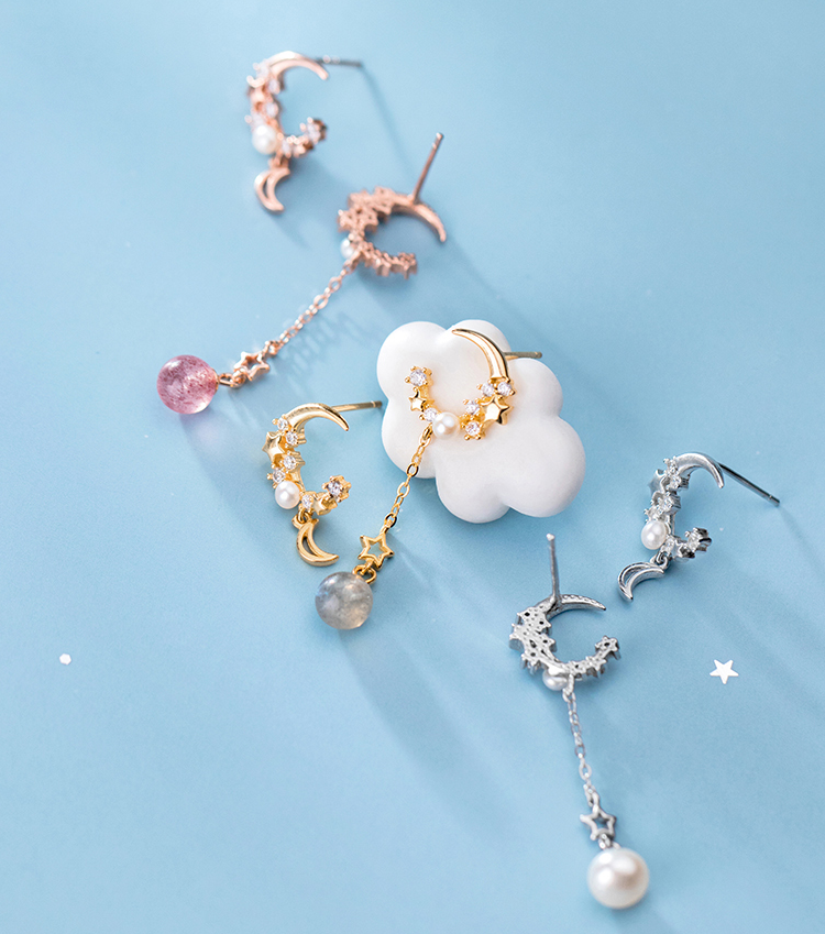 S925 Silver Earrings with Asymmetric Star and Moon Design