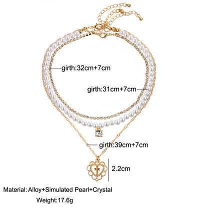 Pearl and Rhinestone Heart Pendant Layered Necklace Set