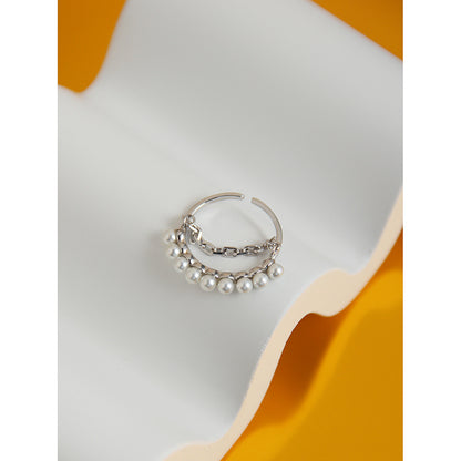 S925 Silver Ring with Pearl Chain for Women