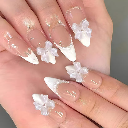 Almond French Tip Press on Nails Medium Bow Tie Pearl Fake Nails White French False Nails Full Cover Acrylic Nails Artificial Coffin Nails Almond Nails DIY Stick on Nails Set Glue on Nail for Women