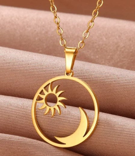 18K Gold-Plated Sun and Moon Circle Pendant Necklace