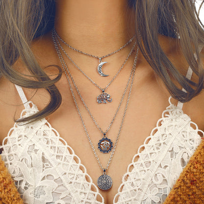 Fashionable 3D Elephant Moon Pendant Layered Necklace