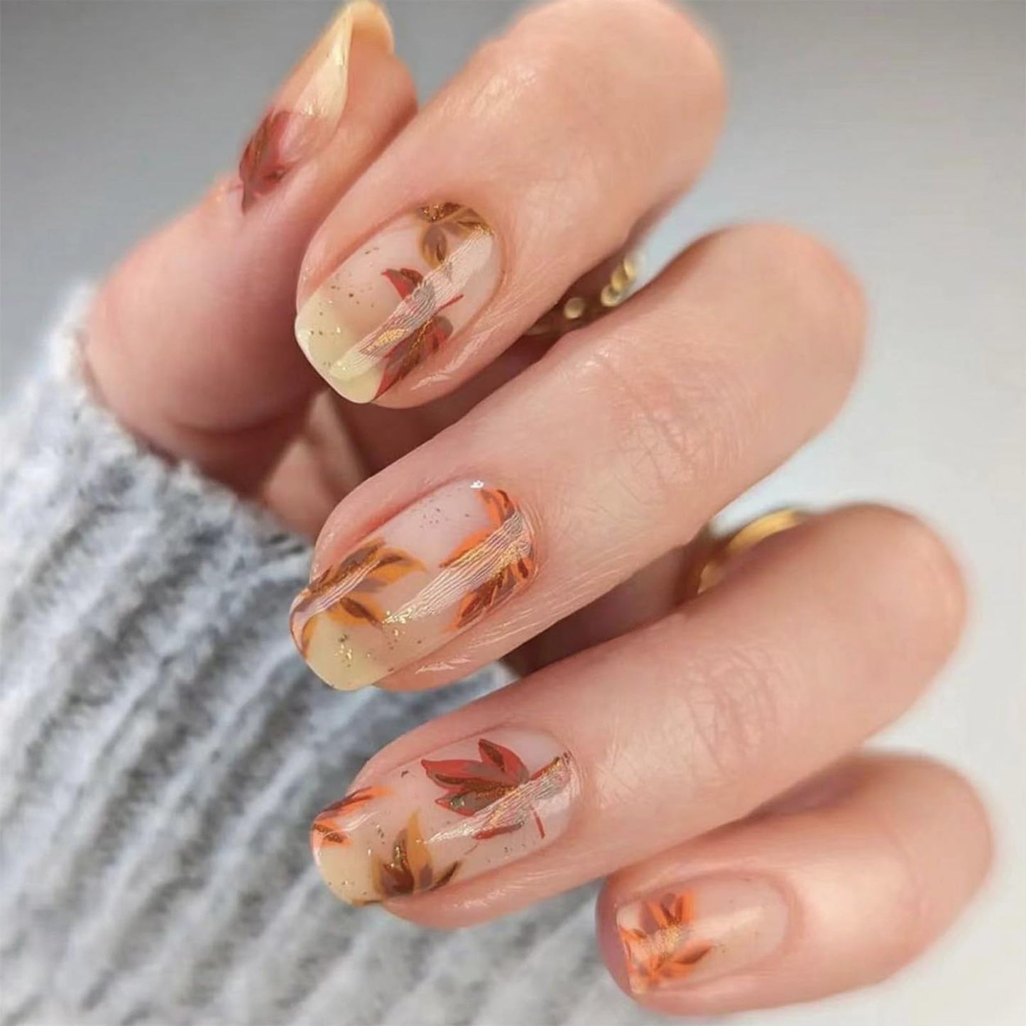 SINHOT Press on Nails Medium Square Fake Nails Glossy Glue on Nails Fall Brown Acrylic Nails Squoval Artificial Nails Autumn Maple Leaf Stick on False Nails with Design 24 pcs