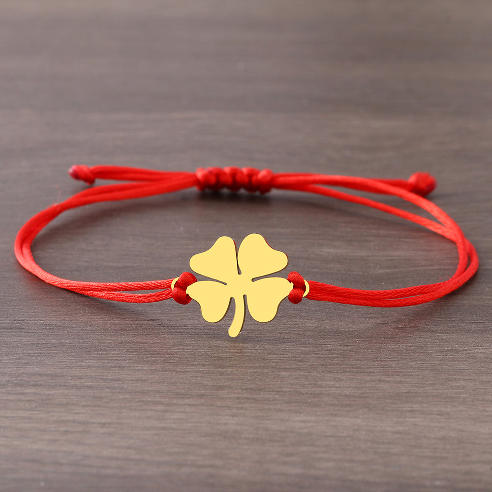 Lucky Four Leaf Clover Stainless Steel Bracelet in Black/Red