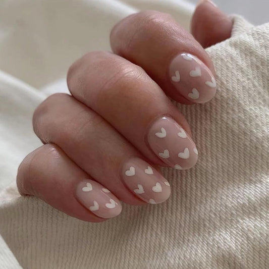 White Heart Press on Nails Short Oval Valentines Nails 24Pcs Nude Fake Nails with Glue Glossy False Nails Acrylic Nails Supply Valentine’s Day Heart Nails Stick on Nails for Women Nail Decoration