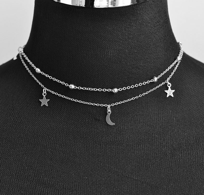 Double Layer Moon Star Beaded Choker Necklace