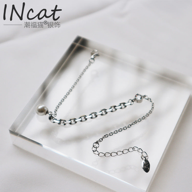 S925 Silver Pearl Cross Chain Bracelet Jewelry
