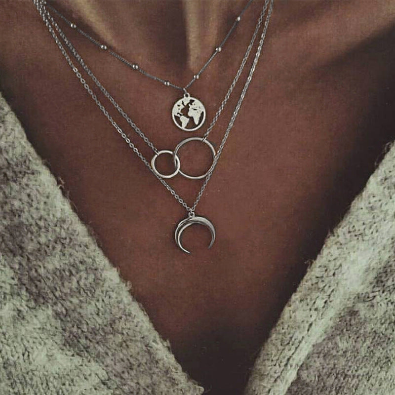 Layered Moon Map Necklace - Bohemian Style Pendant
