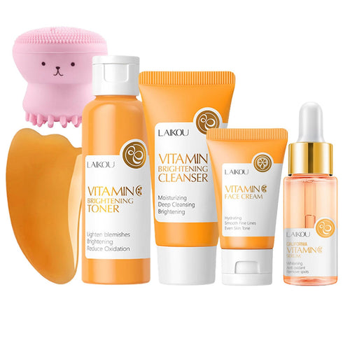 Vitamin C Skincare Set Beauty Gift Sets Travel Skin Care Coreano Kit - Toner Serum Cream Cleanser & Brush Guasha Board Birthday Skin Care Kit For Teens 6pcs Skin Care Routine Kit For Women