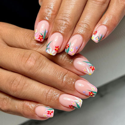 Press on Nails Medium Fake Nails with Flowers Designs Square Glue on Nails Pink Translucent Nails Press ons Glossy Acrylic Nails Sweet & Cute Stick on Nails for Women 24 Pcs