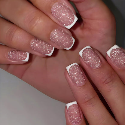 Rilafuvu Press on Nails Short Fake Nails Glitter Nail Press ons French Tip Nails Square Glue on Nails Pink Acrylic Nails Summer Nails Glossy Artificial Nails for Women and Girls 24pcs