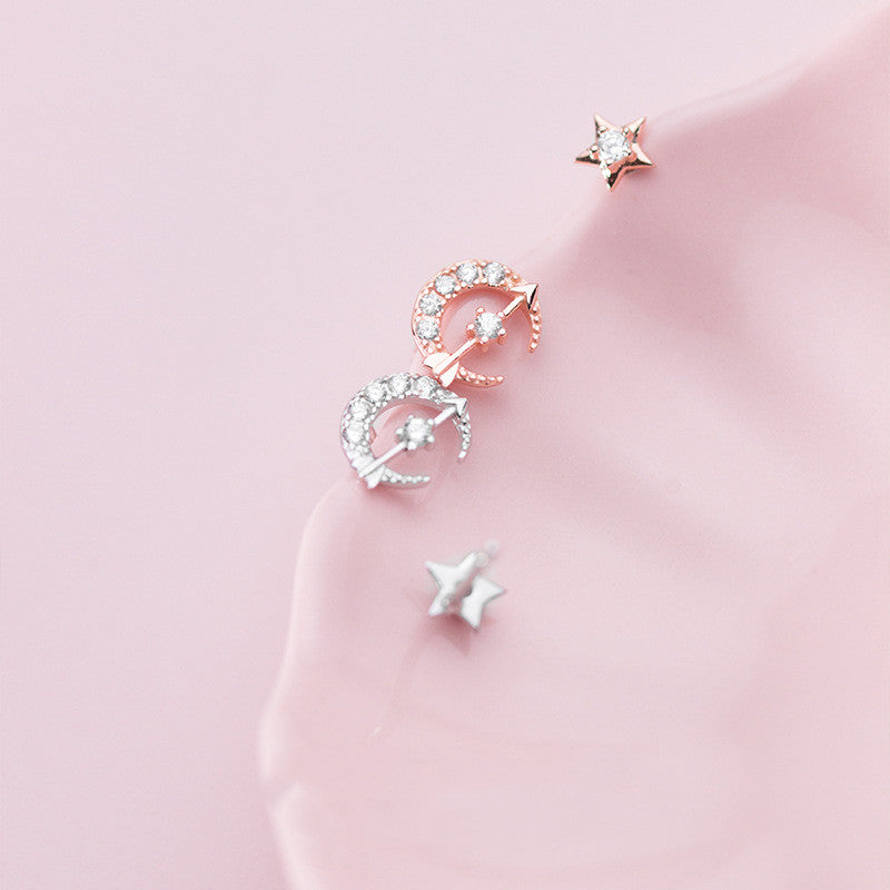 S925 Silver Asymmetric Moon Heart Stud Earrings
