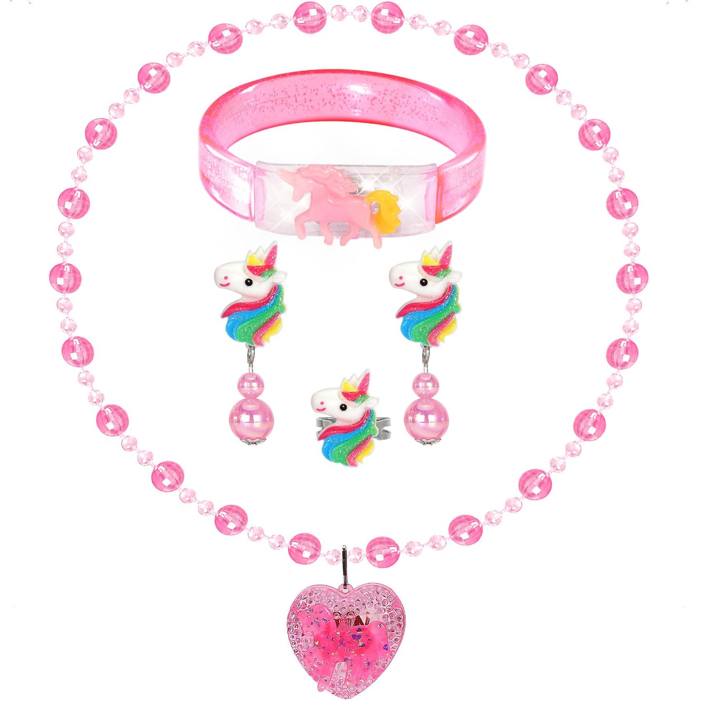 Jewelry Toys for Girls Unicorn Necklace Bracelet Clip On Earrings Adjustable Rings for Princess Dress Up Pretend Play Kids Play Jewelry Glow Costume Accessories Little Girl Christmas Birthday Gifts