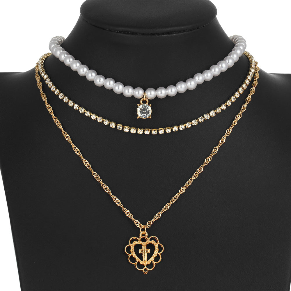 Pearl and Rhinestone Heart Pendant Layered Necklace Set