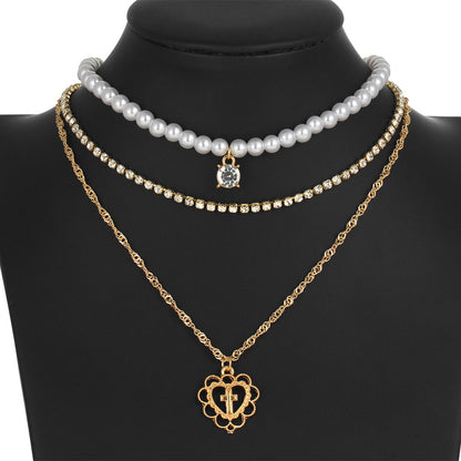 Pearl and Rhinestone Heart Pendant Layered Necklace Set