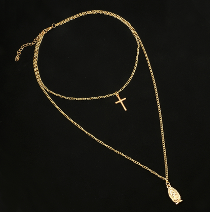 Cross Pendant Necklace with Virgin Mary Double Layer