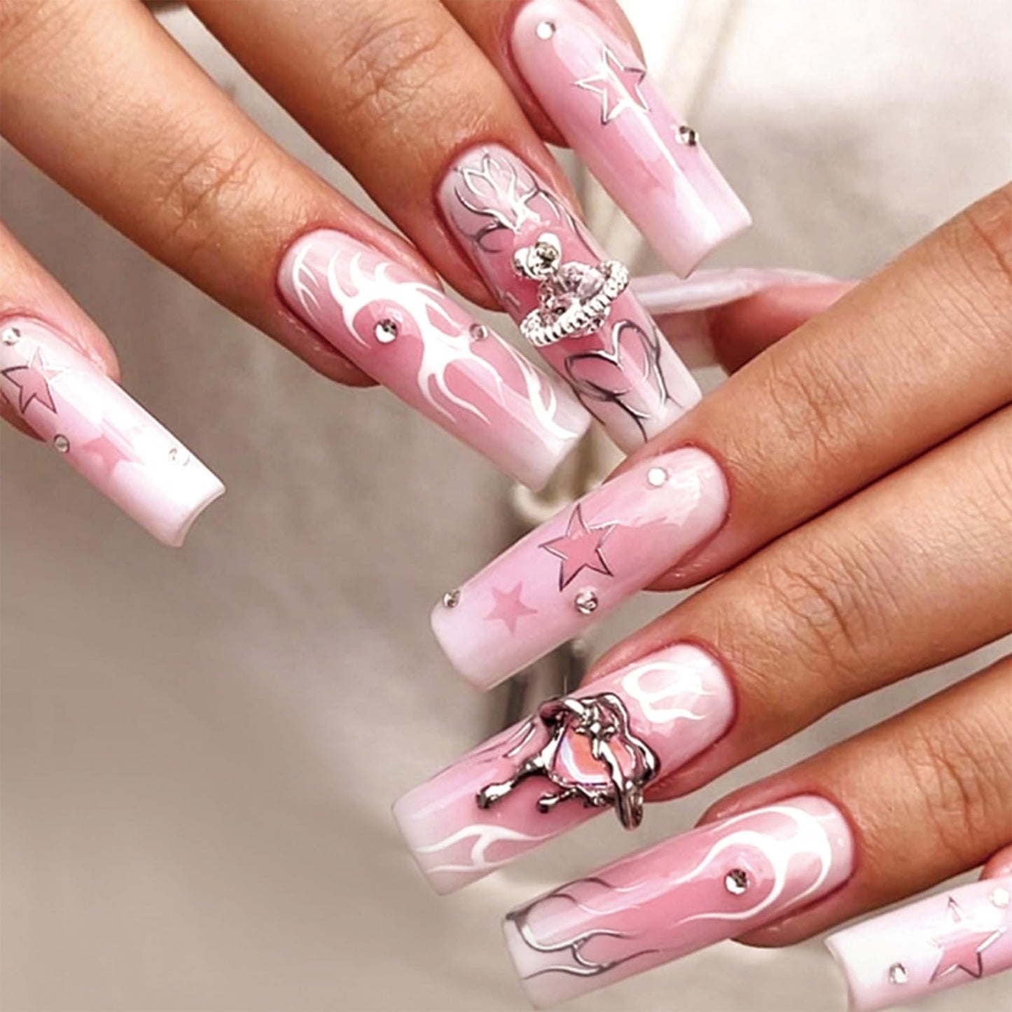 SINHOT Long Press on Nails Square Pink Fake Nails Glossy Glue on Nails Flames Acrylic Nails Squoval Artificial Nails 3D Rhinestones Stick on False Nails with Design 24 pcs