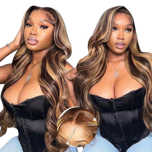 Wear And Go Glueless Wigs Human Hair Pre Plucked Pre Cut 4/27 Highlight Body Wave Lace Front Wigs Human Hair 180% Density 5x5 HD Lace Closure Wigs Ombre Honey Blonde Human Hair Wig For Women (24 Inch)