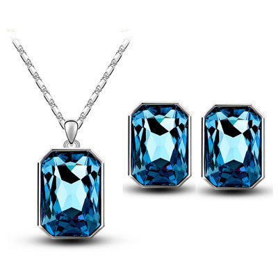 Crystal Pendant Rectangular Bride Necklace & Earring Set