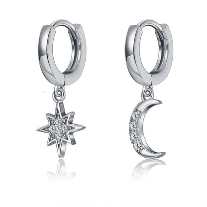 S925 Silver Asymmetrical Star Moon Earrings with Diamonds