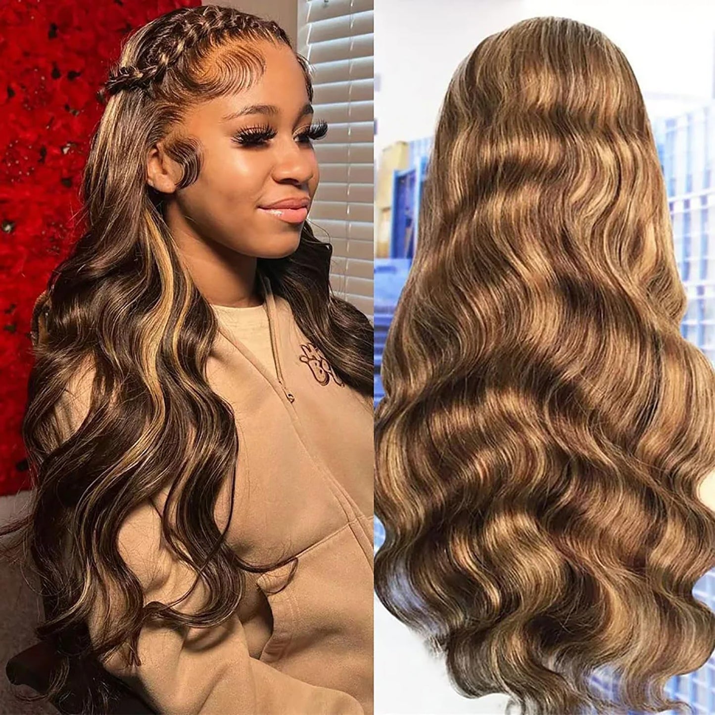 MOTFIN Highlight Ombre Lace Front Wigs Human Hair Pre Plucked HD Lace Frontal Glueless Wigs Human Hair Blonde Lace Frontal Wigs 4/27 180% Density Colored Body Wave Wigs Human Hair for Women 22 Inch