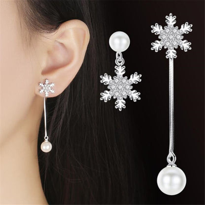 S925 Silver Korean Style Pearl Snowflake Earrings