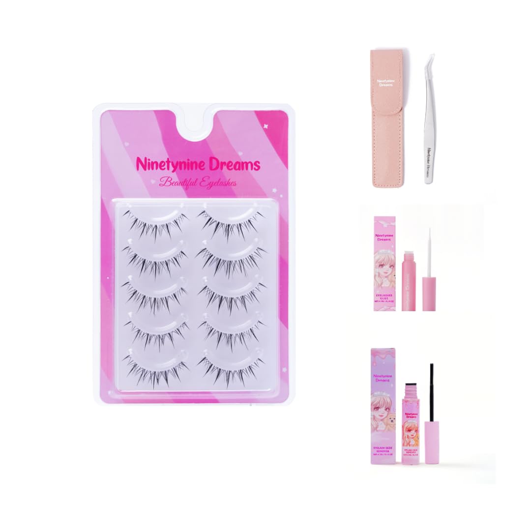 Ninetynine Dreams 5 Pairs Thai Style False Eyelashes 3D Lightweight Natural Comfortable Clear Band Daily Eyelashes Fluffy Soft Eyelashes Packs (1 Pack + Accessories (Daily Lash Glue))