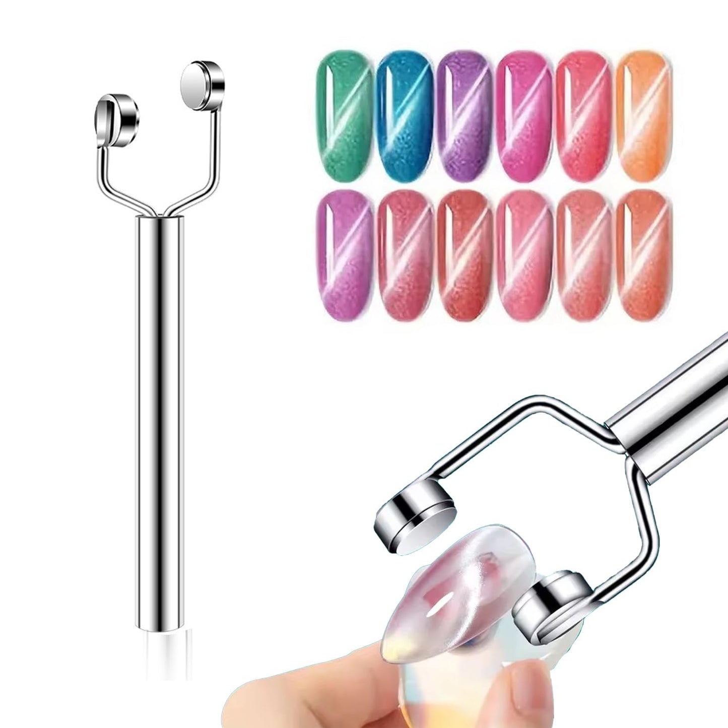 DANNEASY 2 IN 1 Cat Eye Nail Magnet for Nail Art Gel Nail Polish Magnet Wand Cat Eye Magnetic Nail Polish Strong Magnets Stick Multi-Function Manicure Tools for Nails Accessories Salon - Silver