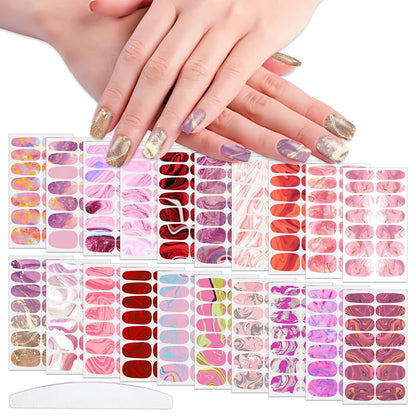 WOKOTO 20 Sheets Pink Marble Designs Nail Polish Strips Gradient Nail Stickers Gel Nail Strips for Women Nail Polish Stickers Full Nail Wraps for Nails Art Self Adhesive Stickers with Nail File