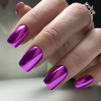 Purple Chrome Press on Nails Medium Square Fake Nails Purple Mirror Metal False Nails Acrylic Glue on Nails Glossy Full Cover Stick on Nails Shine Artificial Nails for Women 24Pcs